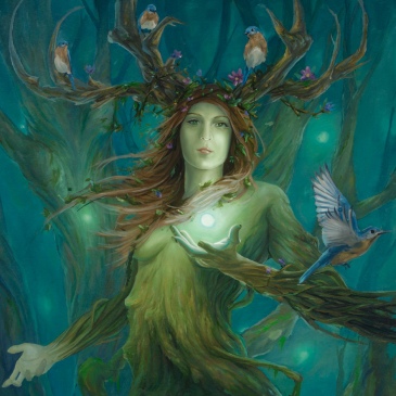 Ilustração de Druantia que pode ser vista como uma mulher verde com chifres de árvore